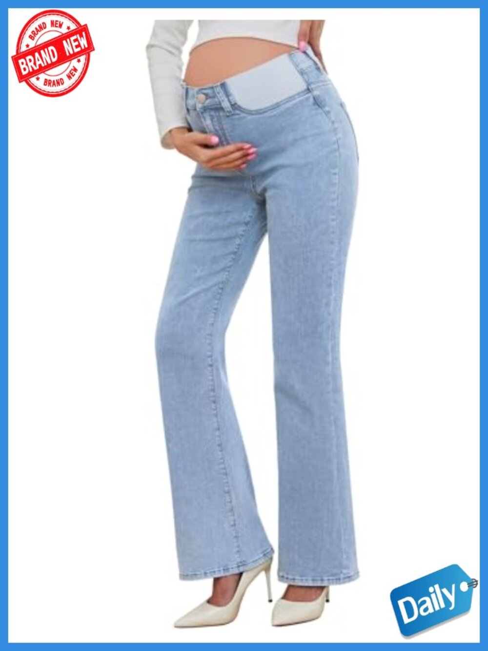 Maternity Flare Jeans Mid-Rise Stretchy Bell Bootcut Denim Pregnancy Pants